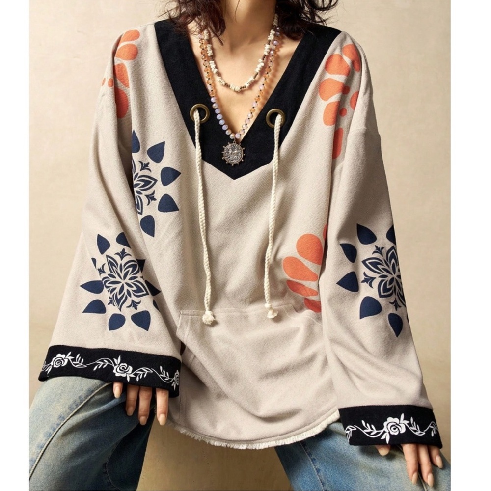 Boho Cotton Floral Print V Neck Oversized Hoodie Top S M L XL